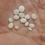a person's hand holding a handful of white pills